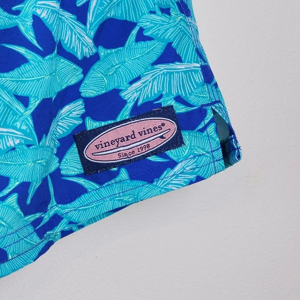 Vineyard Vines Boy M Blue Tropical Leaf Swim Trunks  Elastic Waist Drawstring